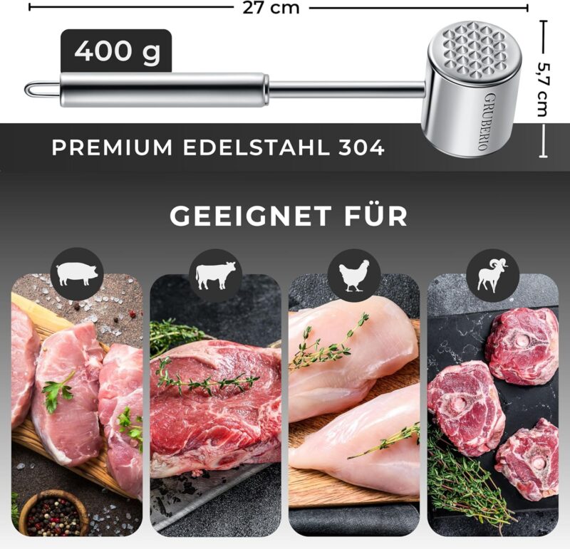 GRUBERIO Fleischklopfer mit Rezepte E-Book | Fleischplattierer Edelstahl – Bild 4