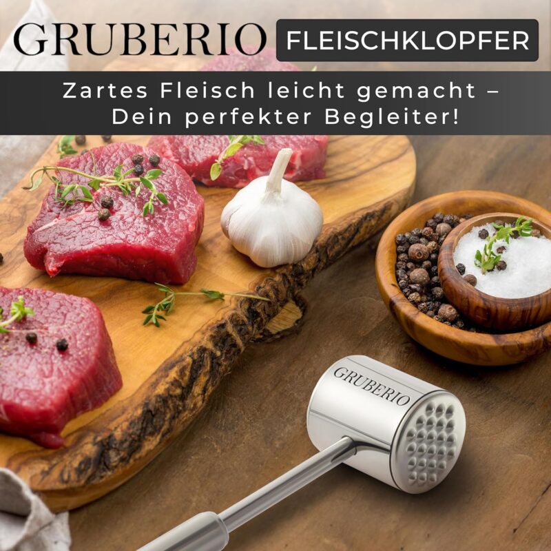 GRUBERIO Fleischklopfer mit Rezepte E-Book | Fleischplattierer Edelstahl – Bild 2