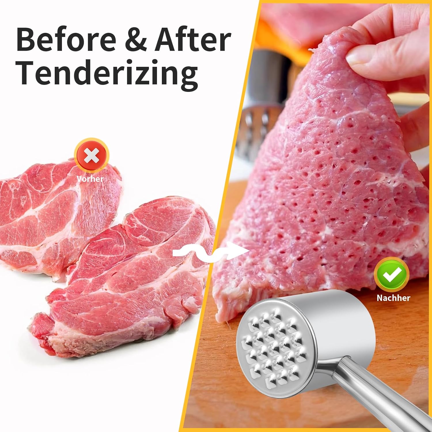 Meat Tenderiser Stainless Steel - Solid Double-Sided Meat Hammer with 21 Nubs & Smooth Back - Meat Tenderiser Dishwasher Safe Made of 304 Stainless Steel – Bild 3
