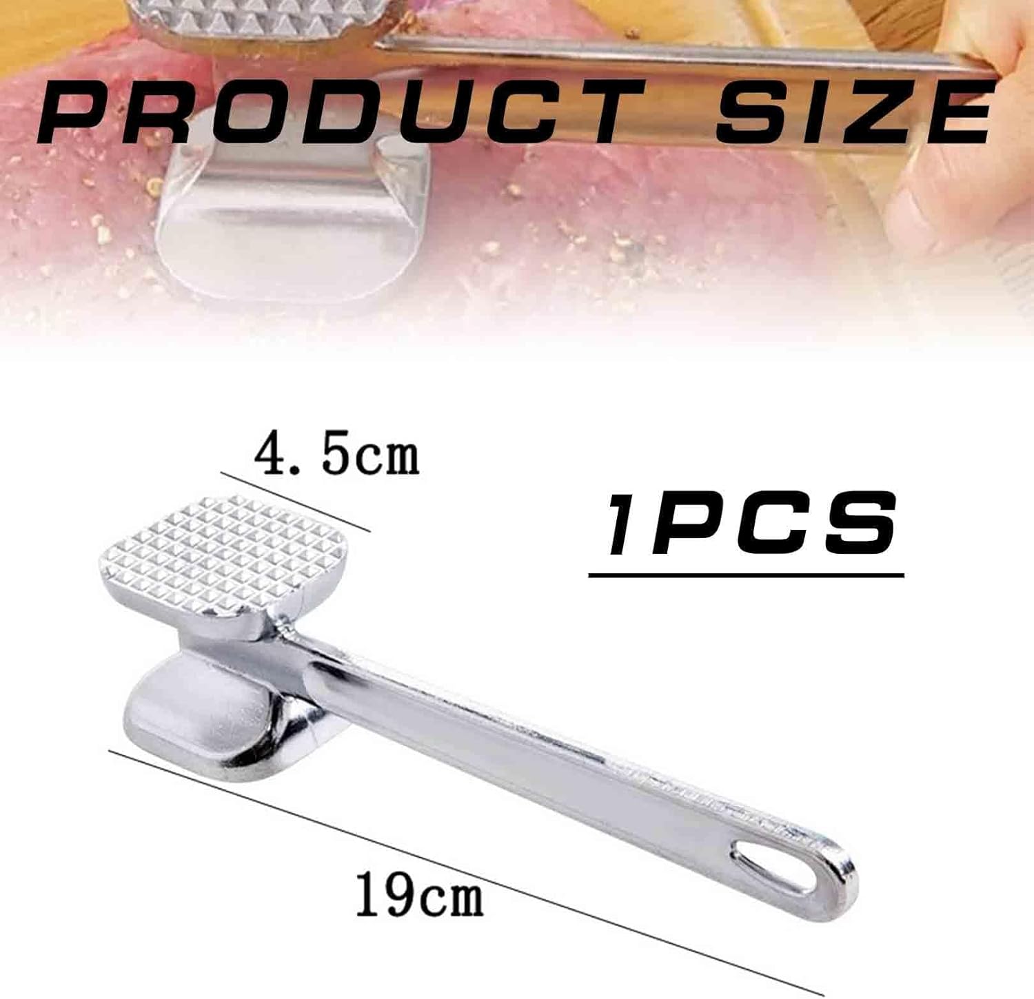 19 cm meat tenderiser stainless steel, schnitzel tenderiser with non-slip handle, meat hammer, double sided, tenderiser, dishwasher safe, for cutlets, steak, beef, chicken, pork – Bild 2