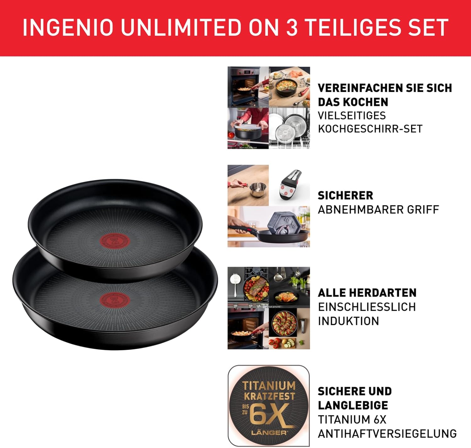 Tefal Ingenio Unlimited On 3-Piece Pan Set, Removable Handle, 24/28 cm, Space-Saving, Stackable, Induction Pan Set with Non-Stick Coating, Easy to Use and Clean, L39591 – Bild 2