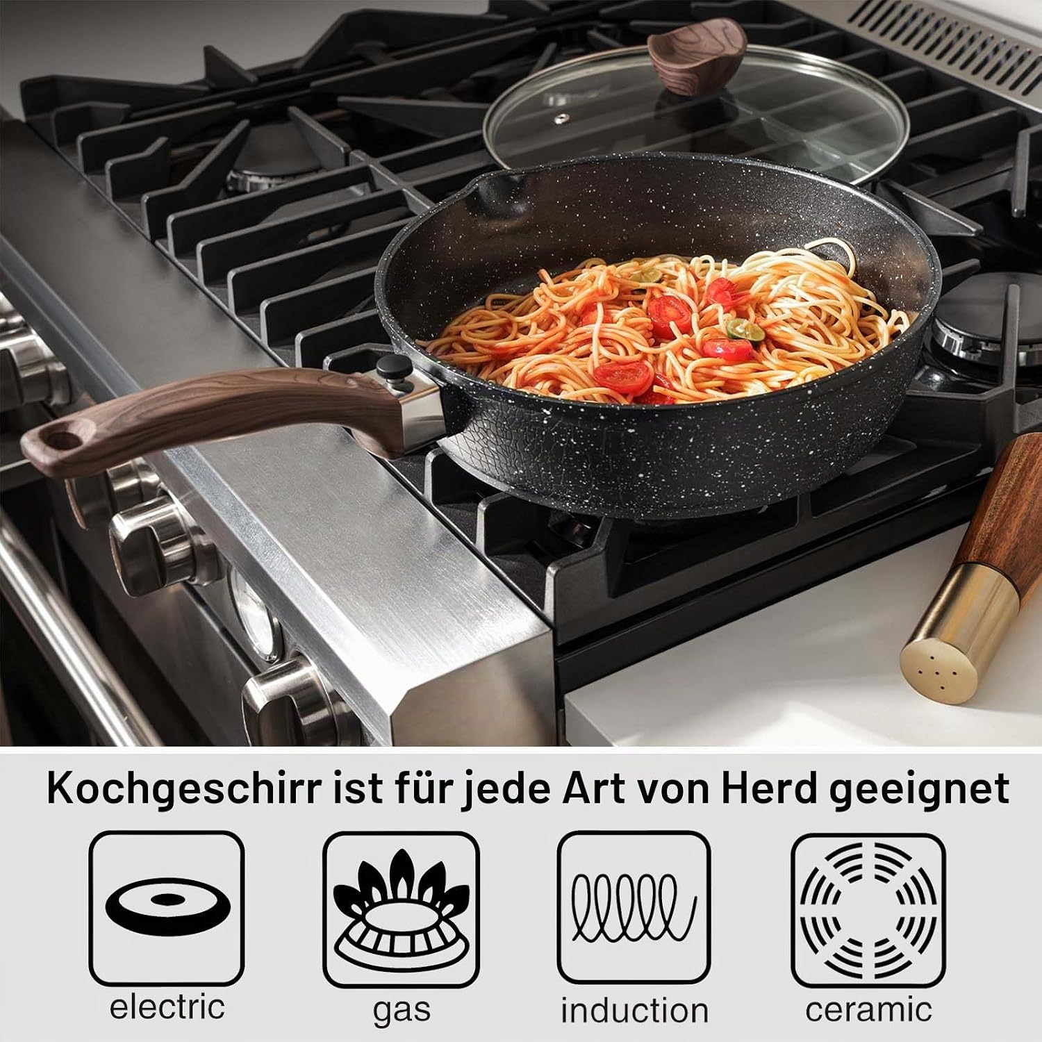Kordisen Non-Stick Frying Pan with Lid, 28 cm Induction Saute Pan with Removable Wooden Handle, Granite Stone Coating for Cooking, Compatible with All Hobs, PFOA-Free – Bild 3
