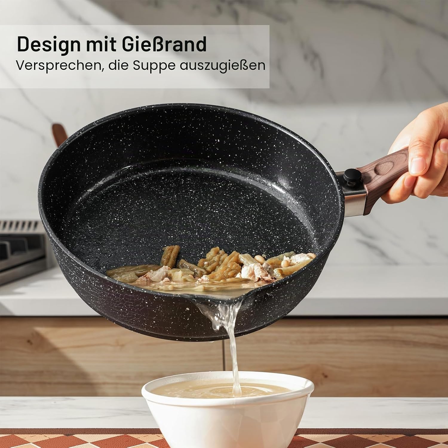 Kordisen Non-Stick Frying Pan with Lid, 28 cm Induction Saute Pan with Removable Wooden Handle, Granite Stone Coating for Cooking, Compatible with All Hobs, PFOA-Free – Bild 4
