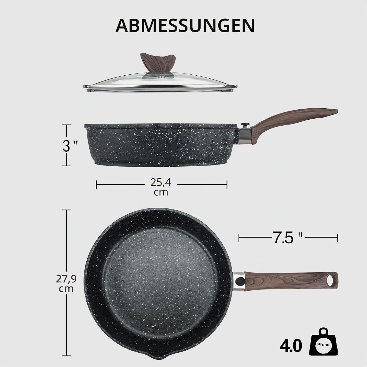 Kordisen Non-Stick Frying Pan with Lid, 28 cm Induction Saute Pan with Removable Wooden Handle, Granite Stone Coating for Cooking, Compatible with All Hobs, PFOA-Free – Bild 5