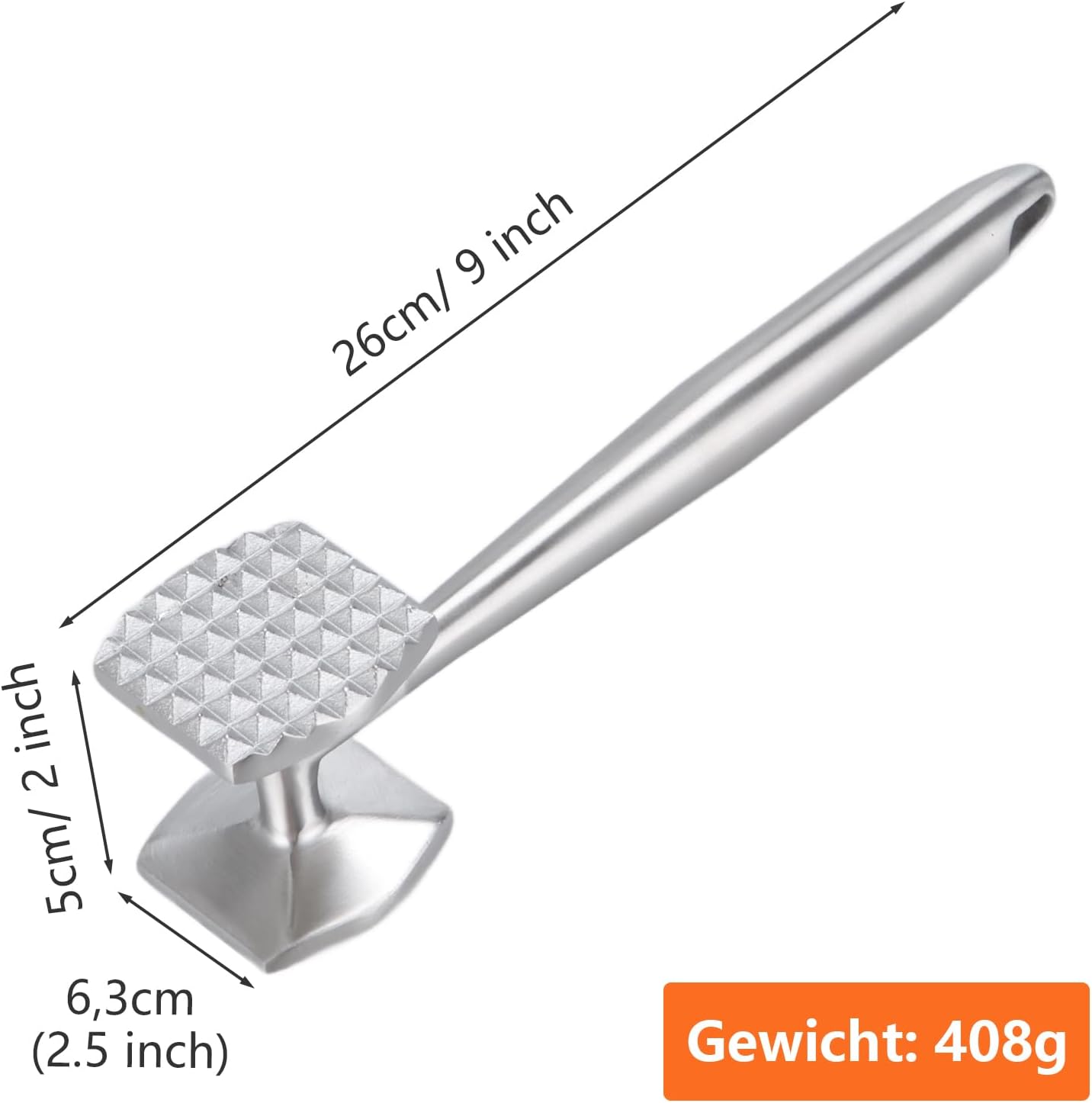 YOUNTHYE Meat Tenderiser 26 cm Stainless Steel Double-Sided Cutlet Tenderiser Strong Durable Meat Hammer for Steak, Chicken, Beef, Pork, Cutlets, Chops – Bild 2