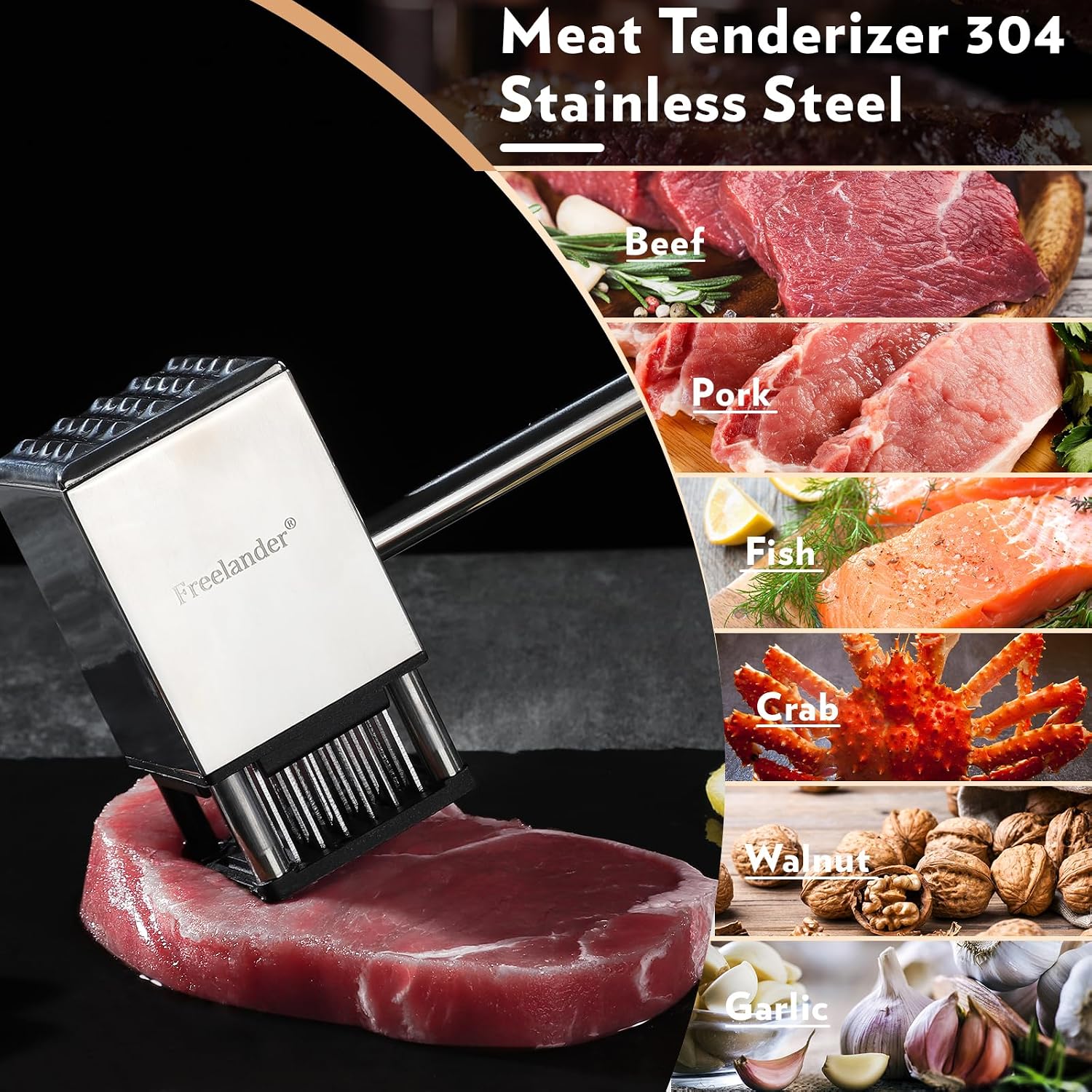 Freelander Meat Tenderiser 2 in 1, Meat Hammer 304 Stainless Steel with 36 Steel Blades and 25 Hammer Spikes, Chopper Steaker Made of Non-Slip Wooden Handle for Pork and Chicken – Bild 3