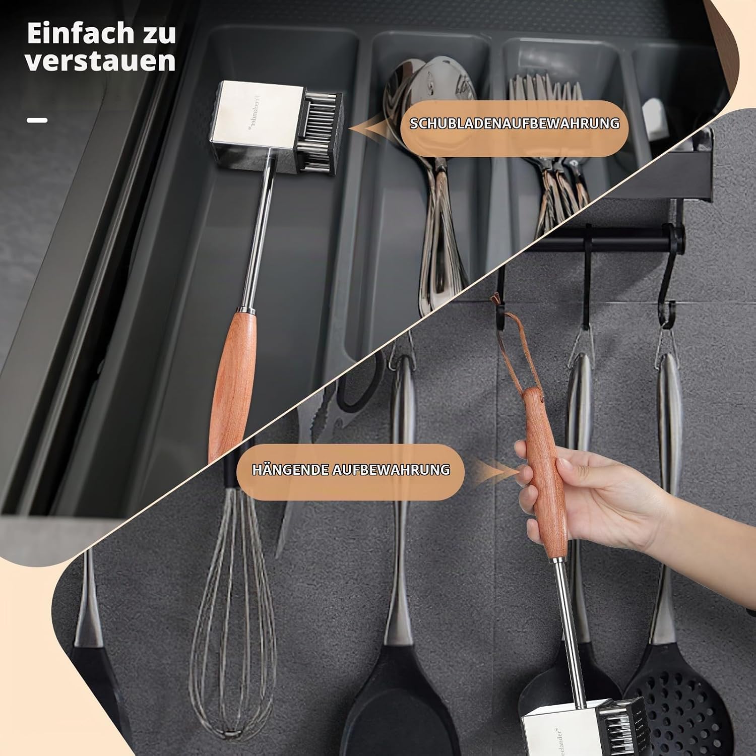 Freelander Meat Tenderiser 2 in 1, Meat Hammer 304 Stainless Steel with 36 Steel Blades and 25 Hammer Spikes, Chopper Steaker Made of Non-Slip Wooden Handle for Pork and Chicken – Bild 6