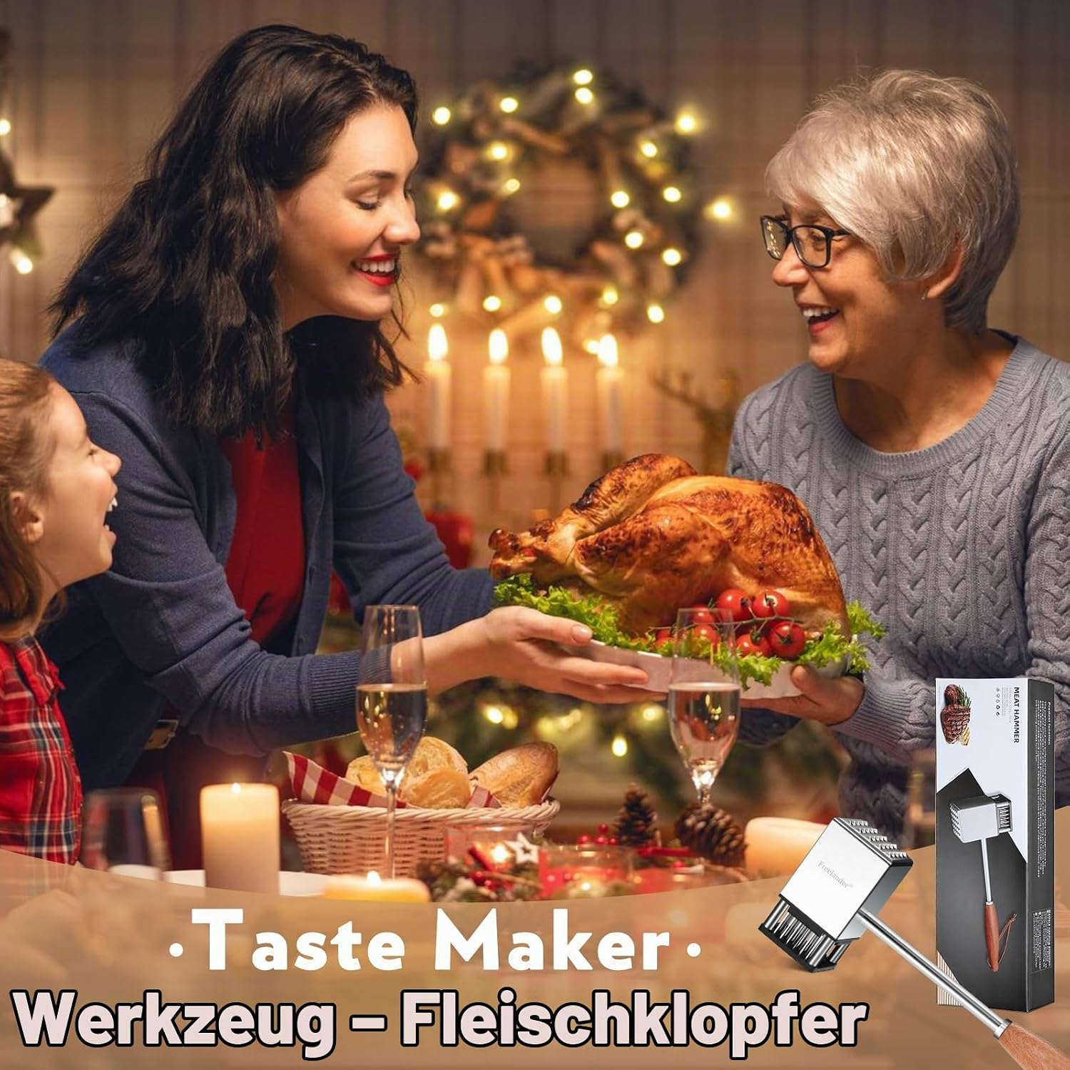 Freelander Meat Tenderiser 2 in 1, Meat Hammer 304 Stainless Steel with 36 Steel Blades and 25 Hammer Spikes, Chopper Steaker Made of Non-Slip Wooden Handle for Pork and Chicken – Bild 7