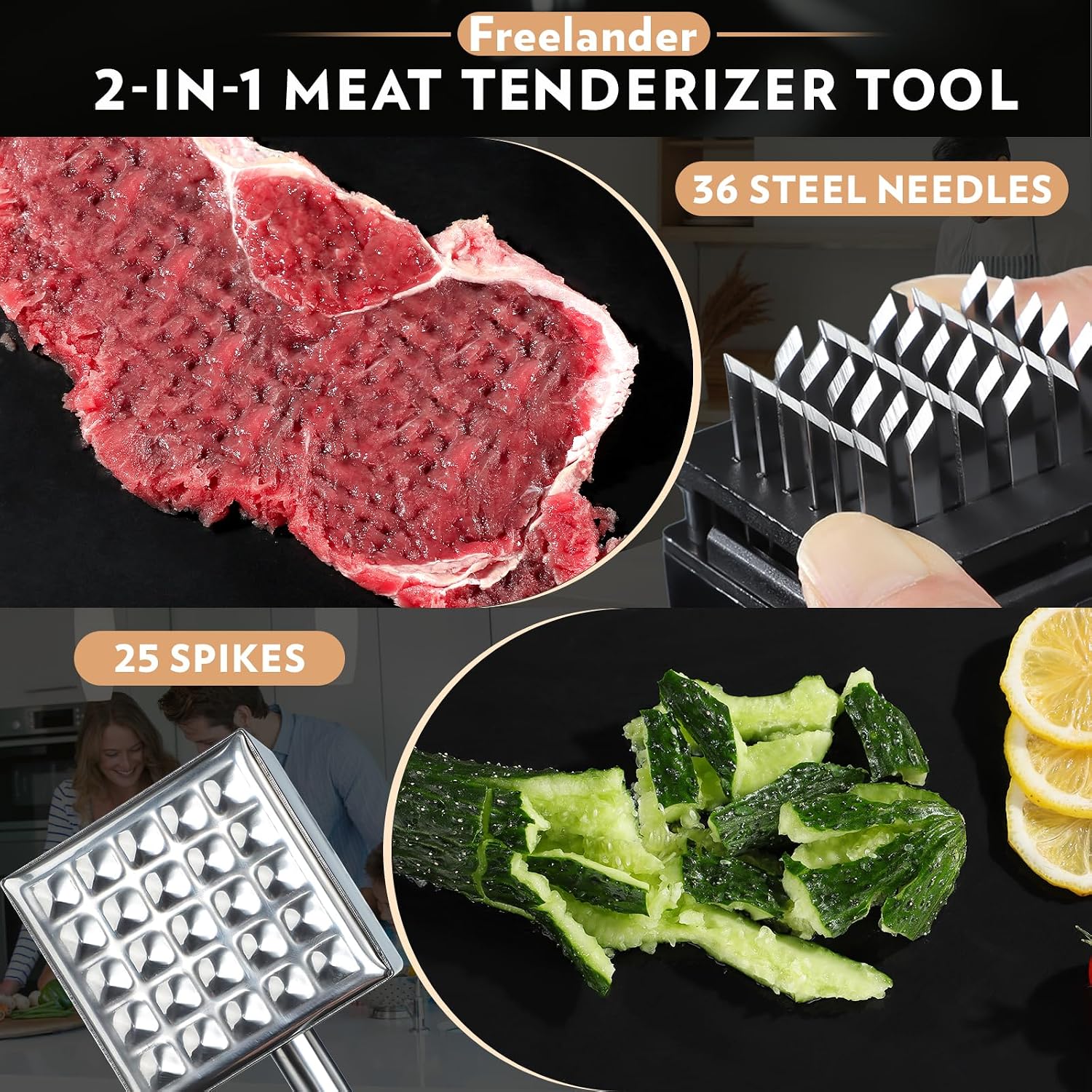 Freelander Meat Tenderiser 2 in 1, Meat Hammer 304 Stainless Steel with 36 Steel Blades and 25 Hammer Spikes, Chopper Steaker Made of Non-Slip Wooden Handle for Pork and Chicken – Bild 2